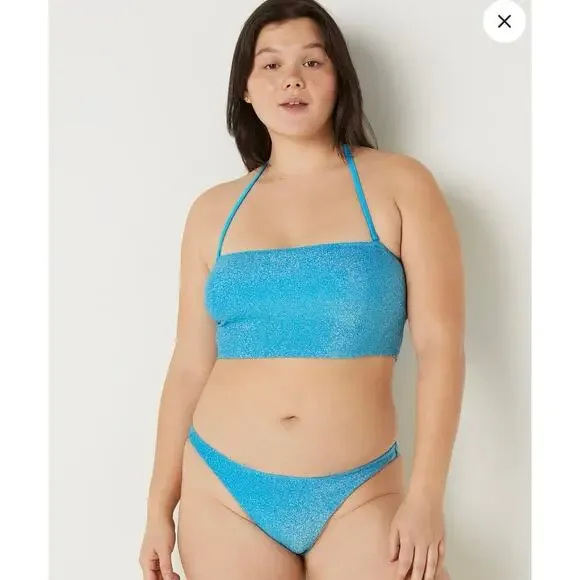 PINK 3 Piece Swim Size L Large Blue Shimmer NWOT Summer Swim Bathing Suit - Picture 10 of 10